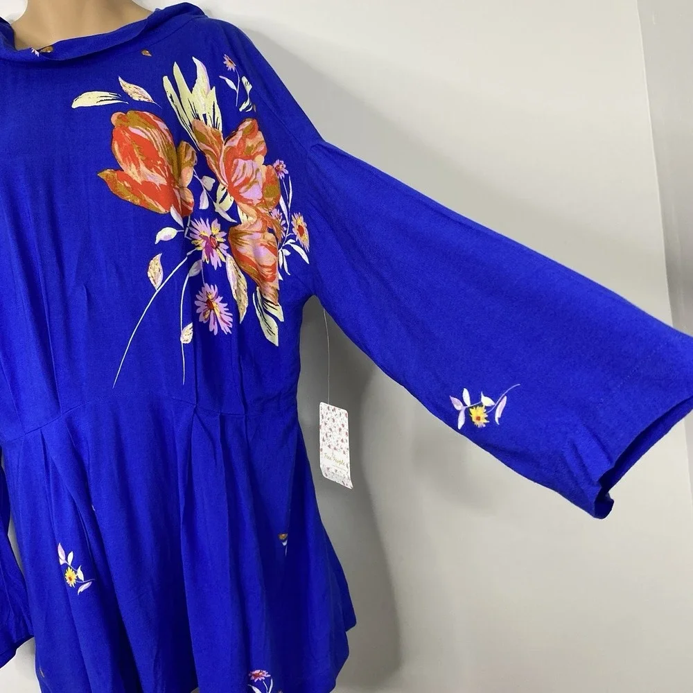 Free People Gemma Blue Floral Choker‎ Neck Cut Out Back Tunic Mini Dress Medium